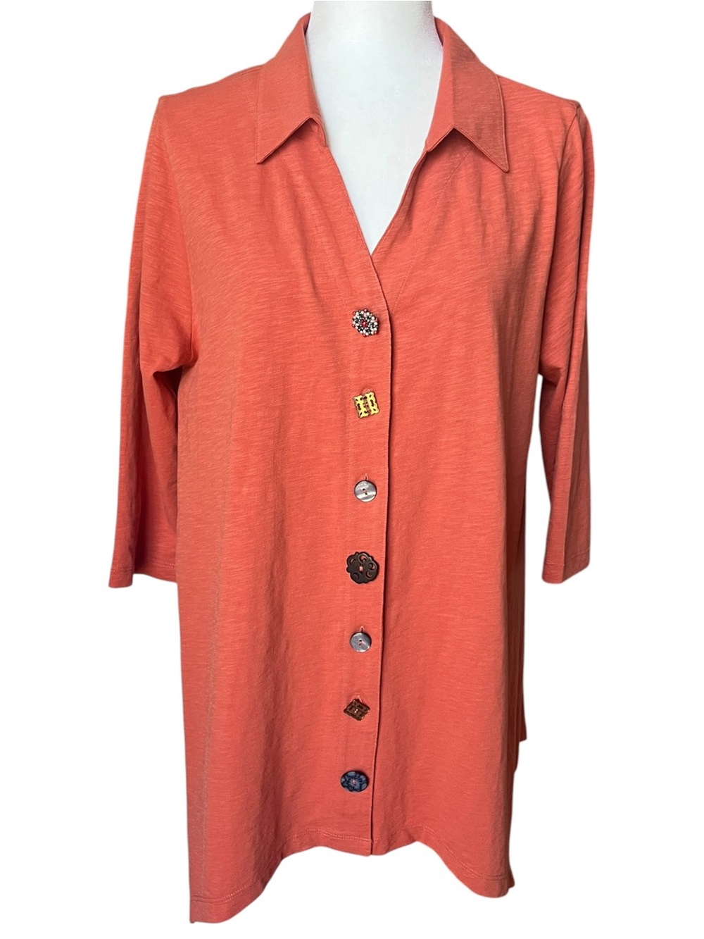 Soft Surroundings Orange Lagenlook Novelty Button Down Cotton Tunic Top Large